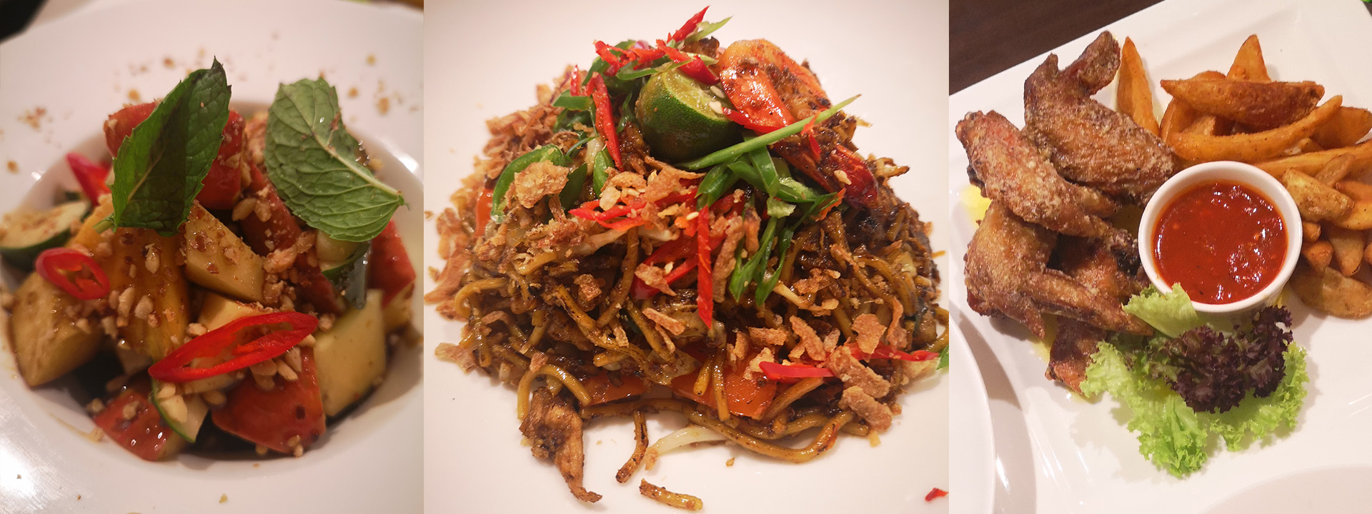 Rujak, Mie goreng, and Ayam goreng.